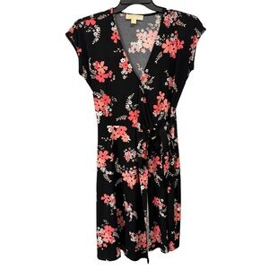 Michael Michael Kors Women's Medium Floral Faux Wrap Tie Waist Dress Coral Black